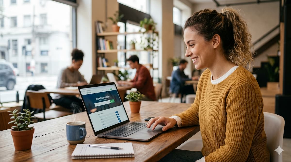 Mulher usando notebook em espaço de coworking enquanto pesquisa opções para escolher um domínio para site.