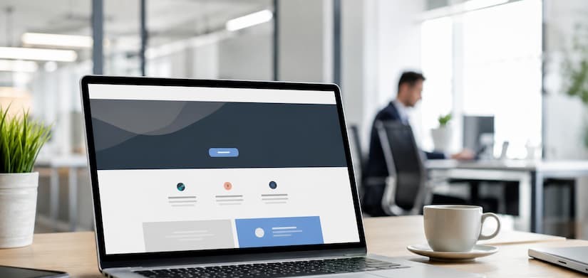 Notebook exibindo a interface de um hotsite em uma mesa de escritório moderno.
