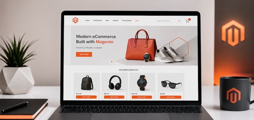 Notebook exibindo a página inicial de uma loja virtual desenvolvida com Magento, com produtos em destaque e interface de e-commerce.