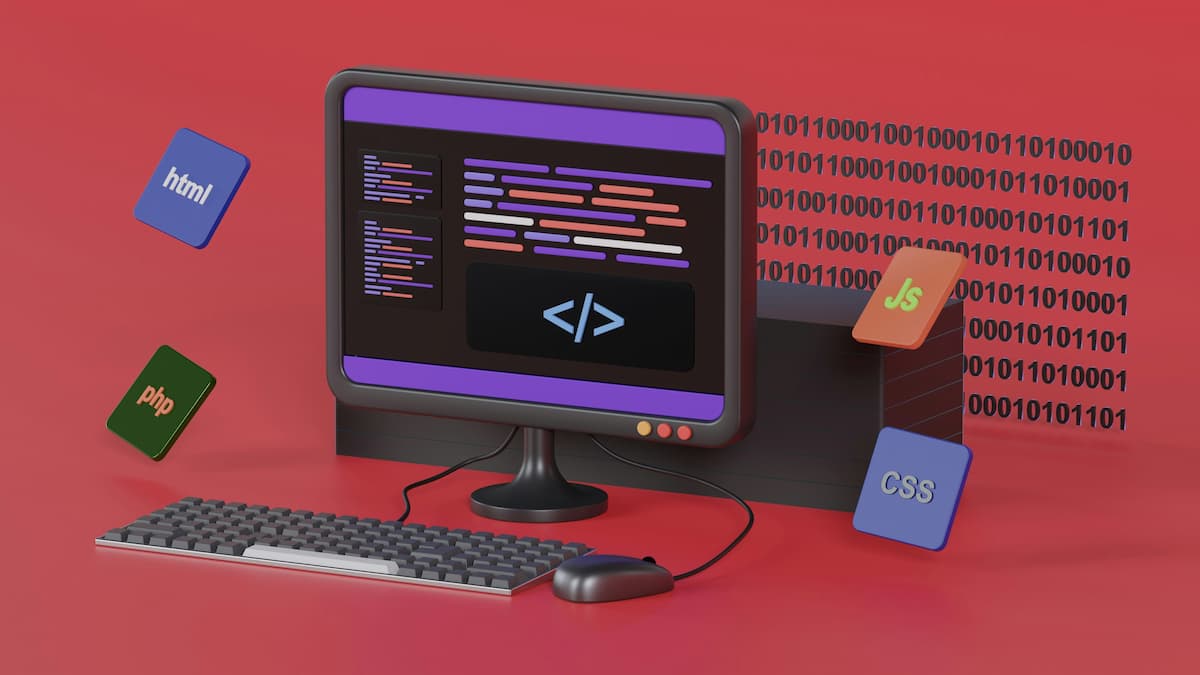 Ilustração de computador com códigos de programação e ícones de HTML, CSS, JavaScript e PHP, representando a escolha do melhor domínio e hospedagem para e-commerce.