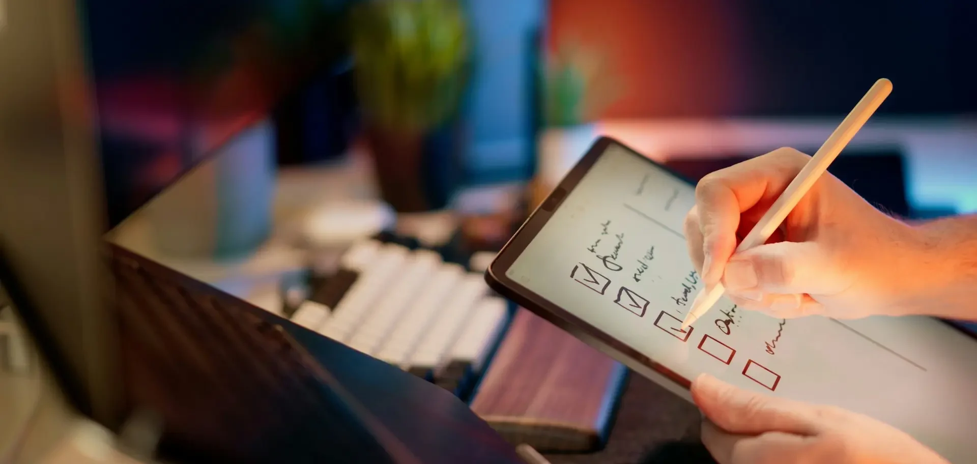 Imagem mostra uma pessoa usando um tablet para marcar itens de um check-list