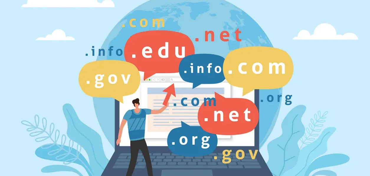 Ilustração de um notebook com um site aberto, cercado por balões com extensões de domínio como .com, .edu, .gov, .org, .net e .info, representando a internet e os diferentes tipos de sites no mundo digital.
